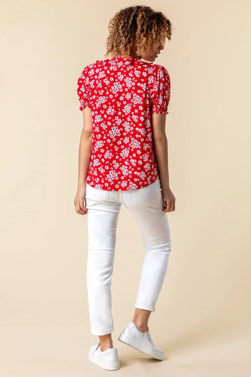 Roman Red Floral Print V-Neck Frill Detail Blouse - 10 Image 2