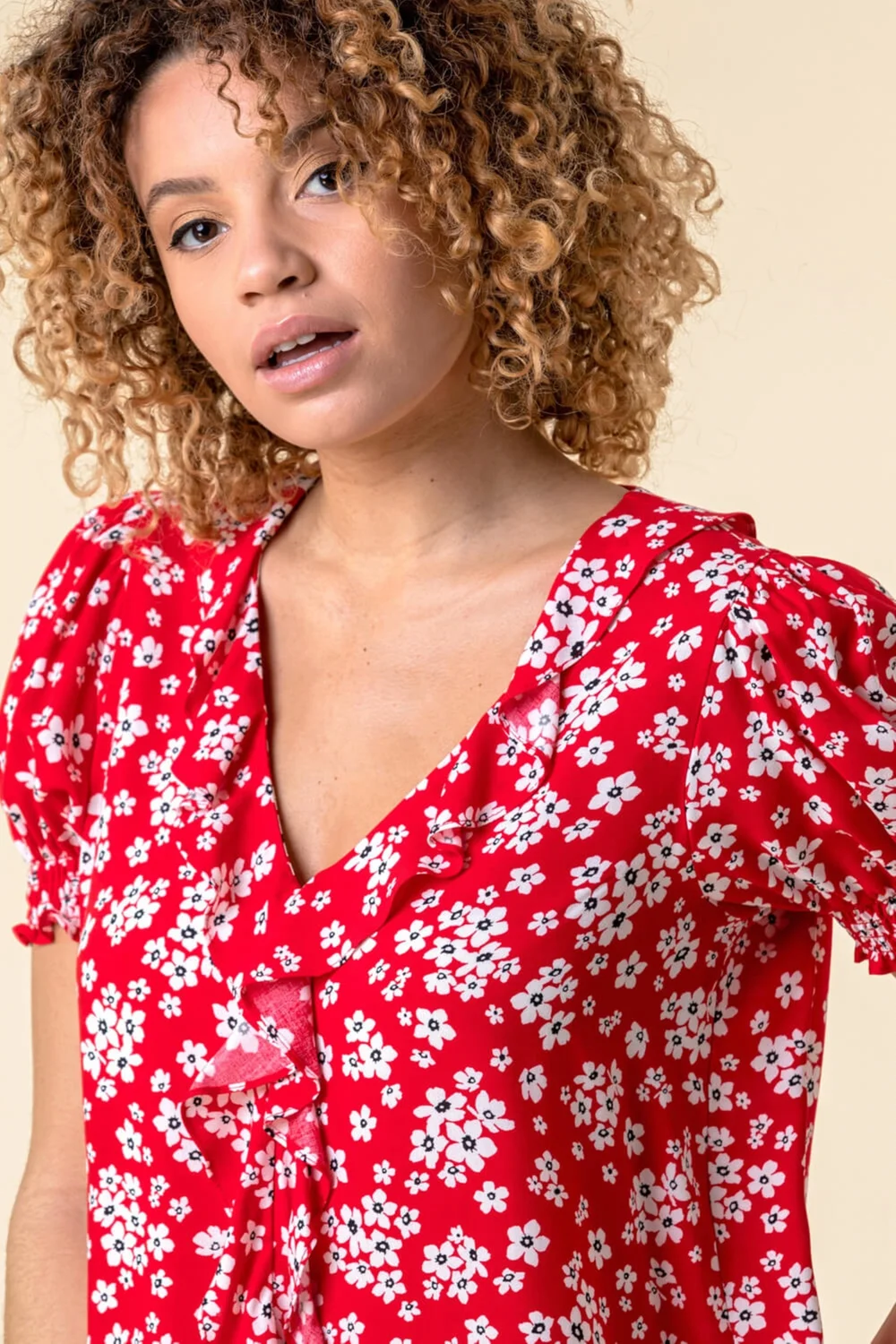 Roman Red Floral Print V-Neck Frill Detail Blouse - 10 Image 4