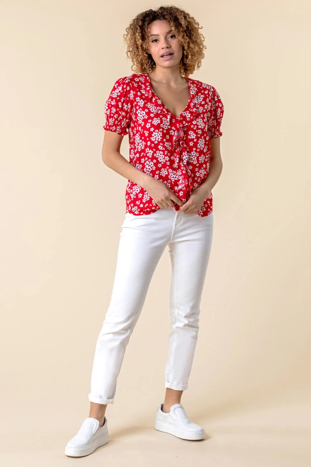 Roman Red Floral Print V-Neck Frill Detail Blouse - 10 Image 3