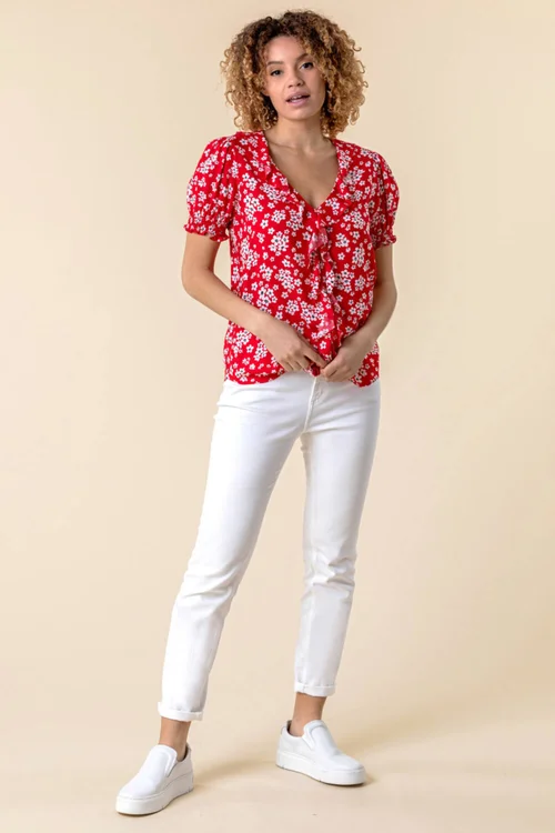 Roman Red Floral Print V-Neck Frill Detail Blouse - 10 Image 3
