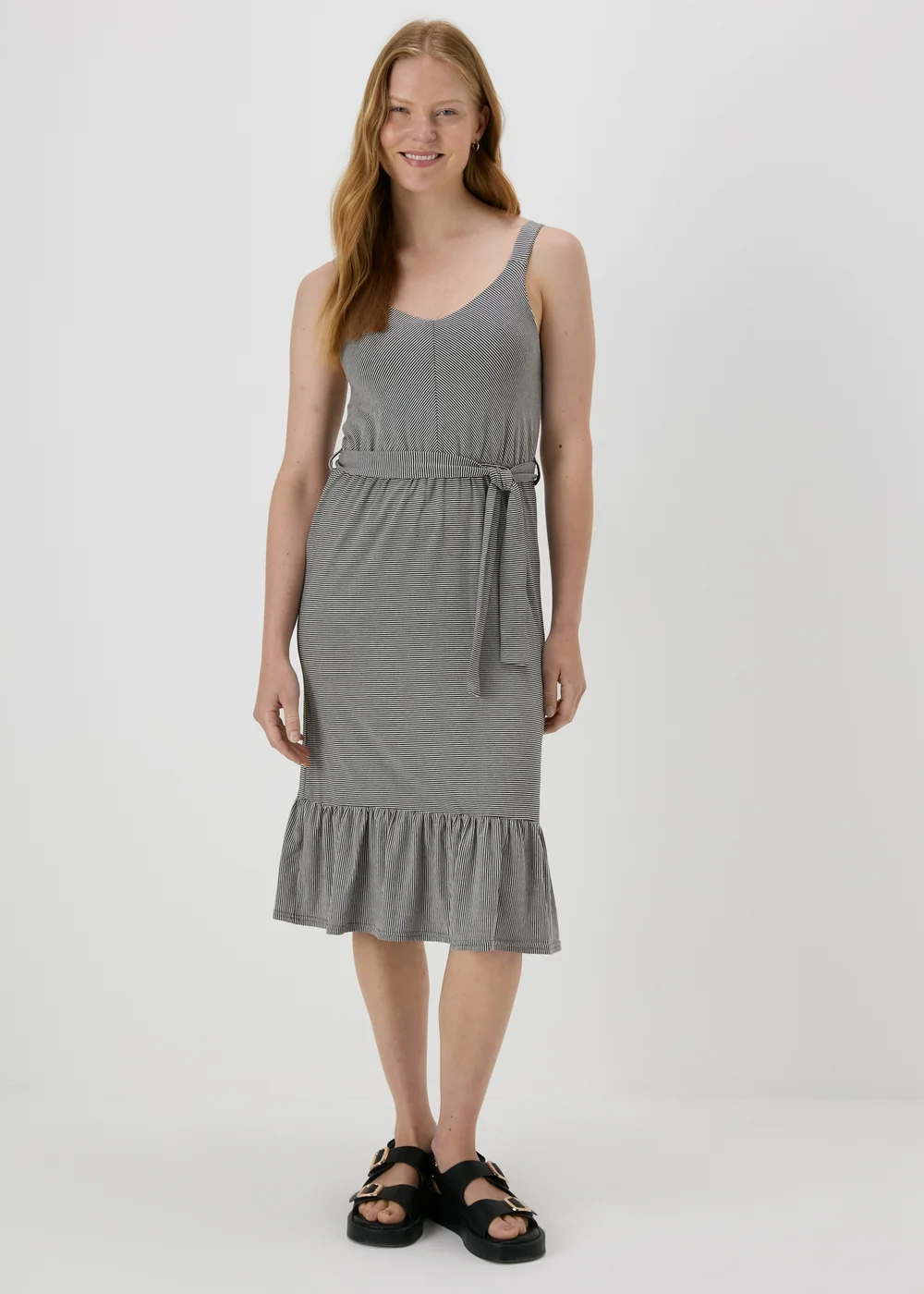 Black Stripe Belted Jersey Dress - Size 8 Image 3