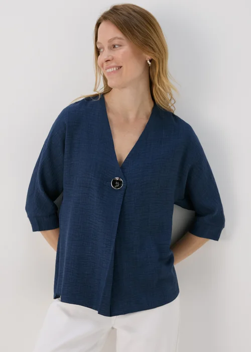 Navy Button Detail Blouse Top - 8 Image 1