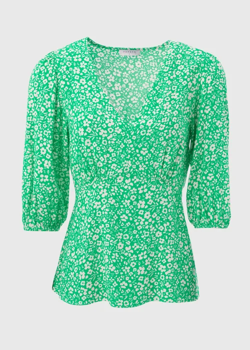 Green Floral V Neck Empire Seam Top - Size 8 Image 5