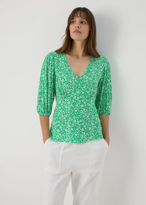 Green Floral V Neck Empire Seam Top - Size 8 Image 4