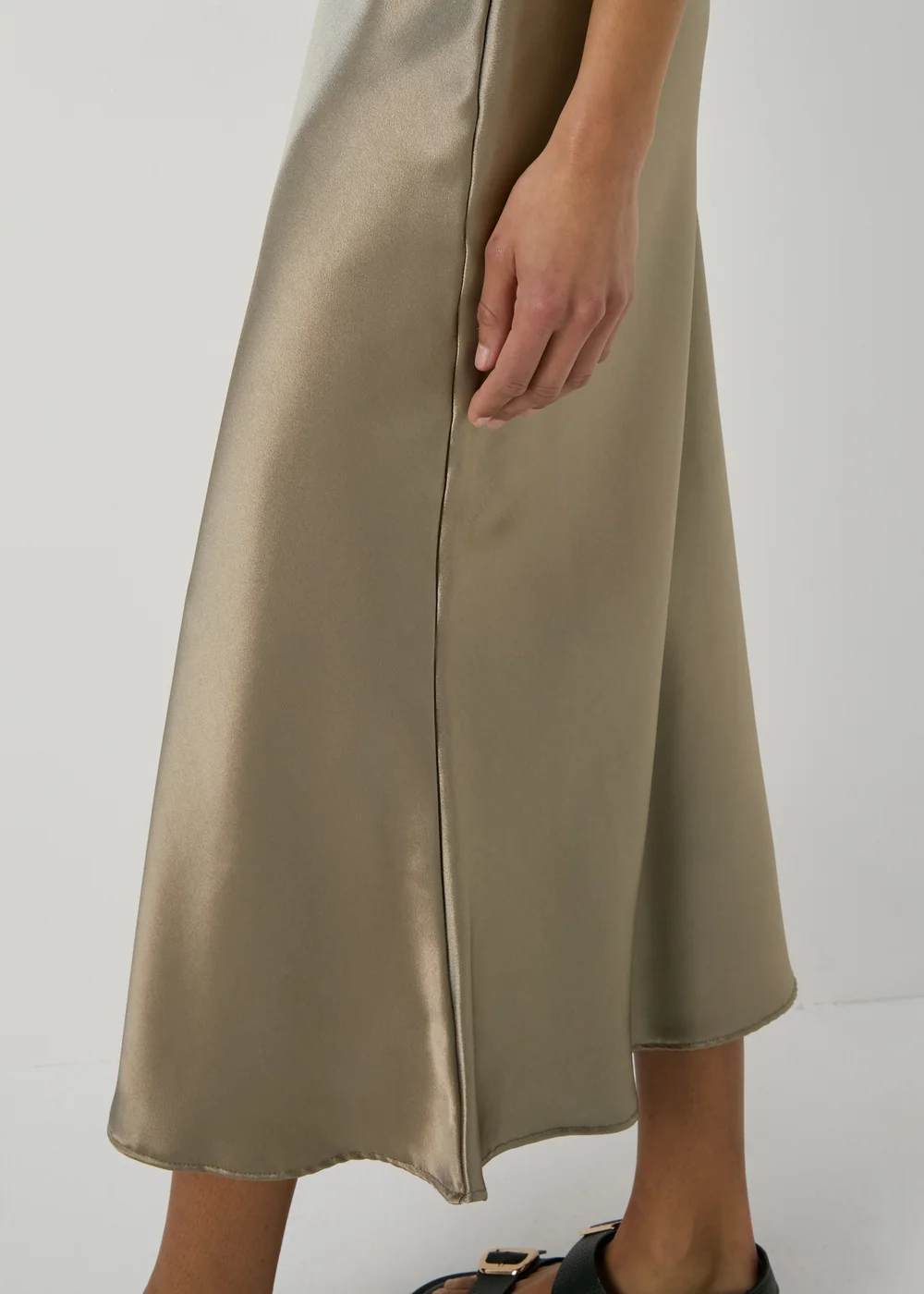 Khaki Satin Midi Slip Skirt - 8 Image 3