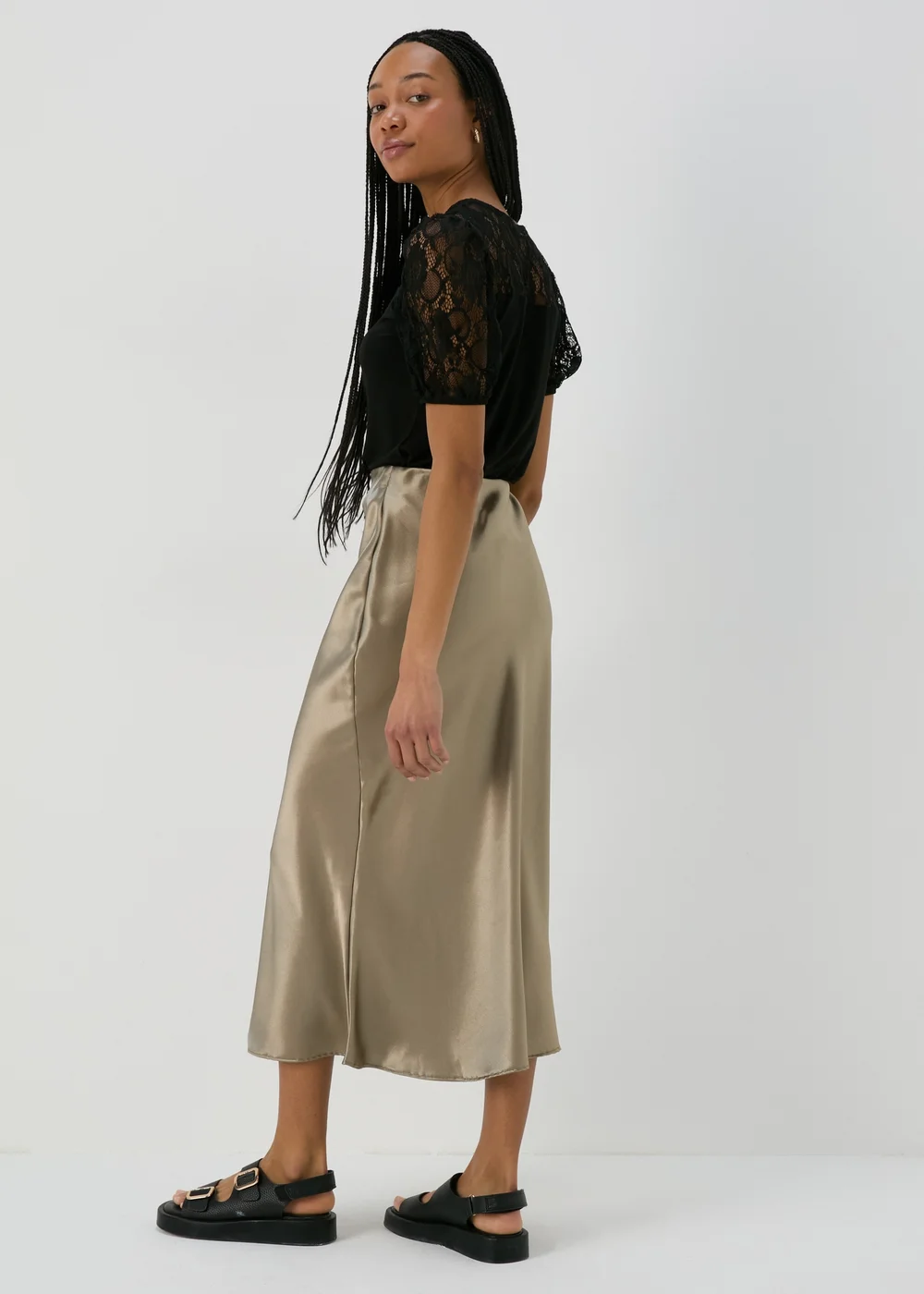 Khaki Satin Midi Slip Skirt - 8 Image 2