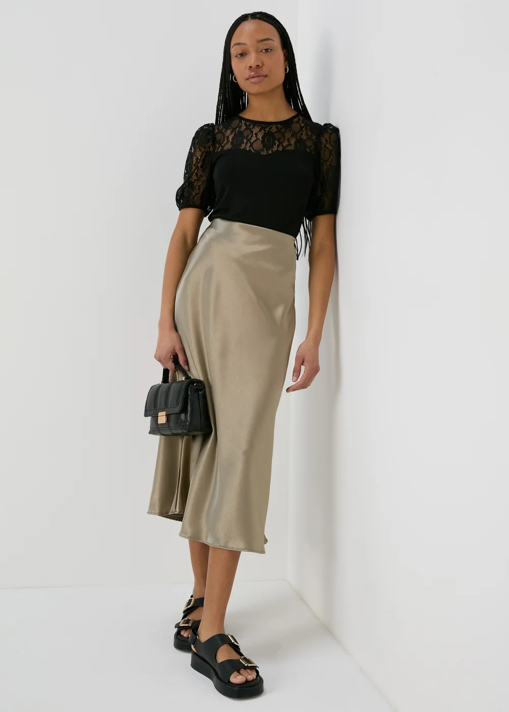 Khaki Satin Midi Slip Skirt - 8 Image 1