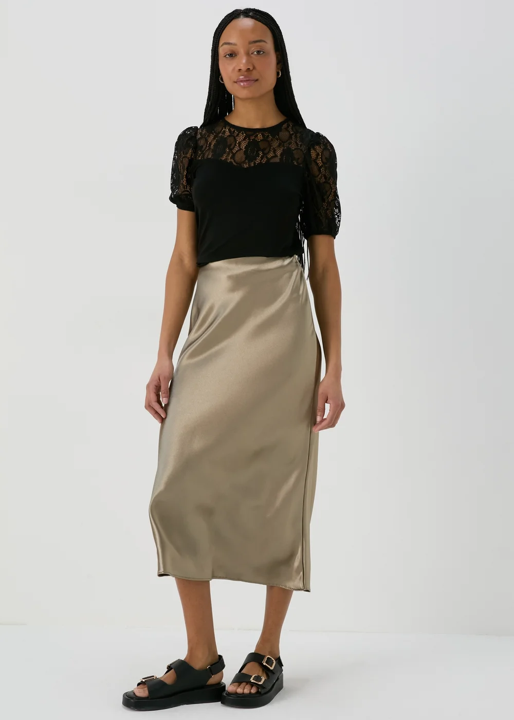 Khaki Satin Midi Slip Skirt - 8 Image 4
