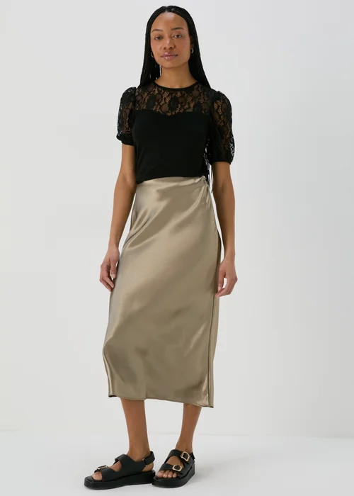 Khaki Satin Midi Slip Skirt - 8 Image 4