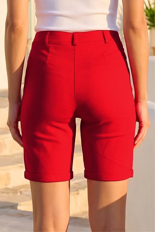 Roman Red Elastic Waist Turn Up Stretch Shorts - 10 Image 3