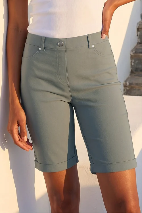Roman Khaki Elastic Waist Turn Up Stretch Shorts - 22 Image 2