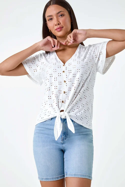 Roman Ivory V-Neck Broderie Stretch Jersey Tie Front Top - 20 Image 4