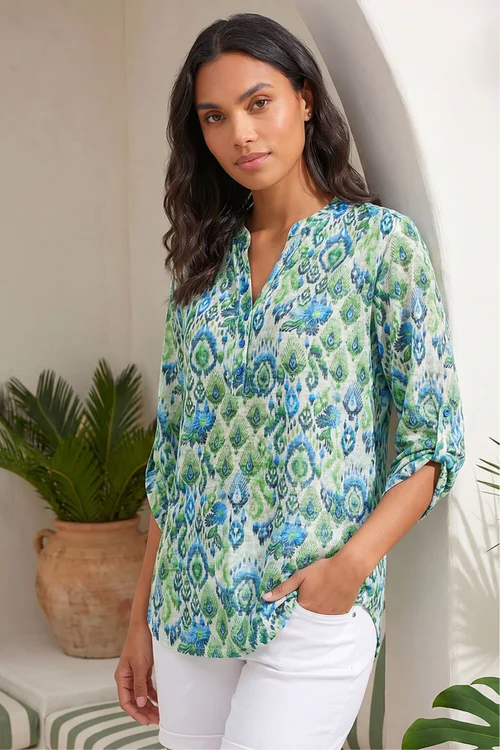 Roman Green Aztec Burnout Print Relaxed V-Neck Tunic Top - 6 Image 1