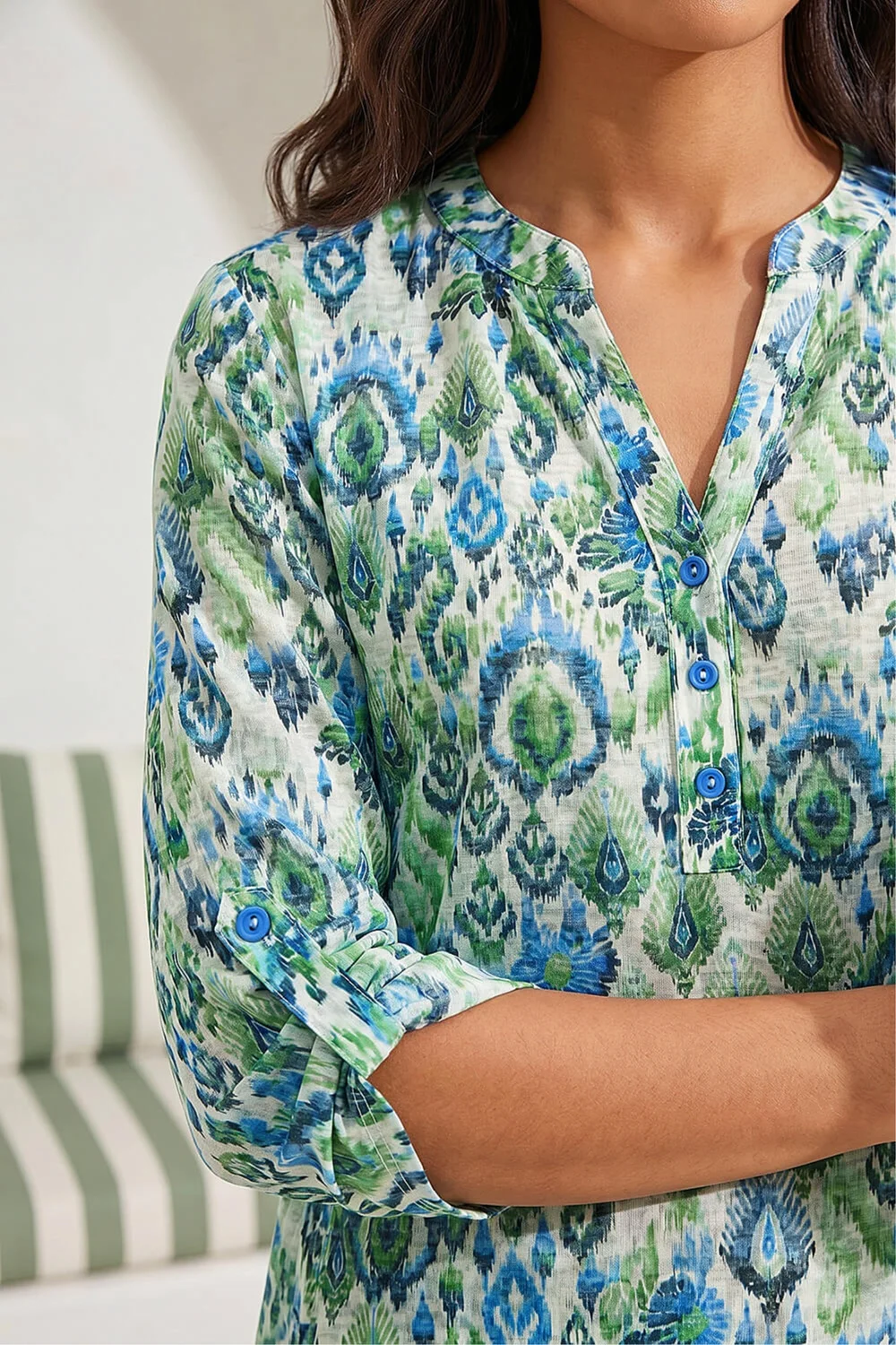 Roman Green Aztec Burnout Print Relaxed V-Neck Tunic Top - 6 Image 4