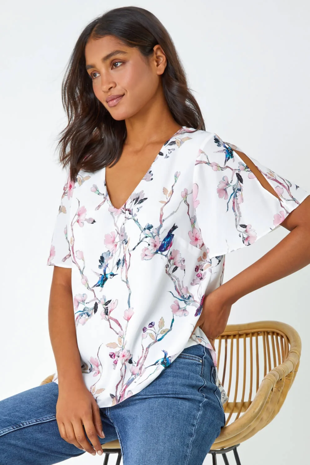Roman Ivory Floral Angel Sleeve V-Neck Top - 10 Image 1