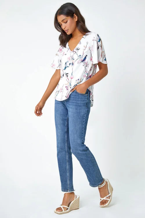 Roman Ivory Floral Angel Sleeve V-Neck Top - 10 Image 2