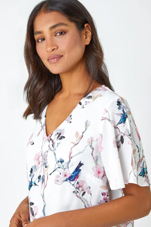 Roman Ivory Floral Angel Sleeve V-Neck Top - 10 Image 4