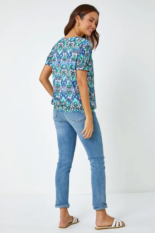 Roman Green Aztec Burnout Print V-Neck Blouson Hem Top - 6 Image 3