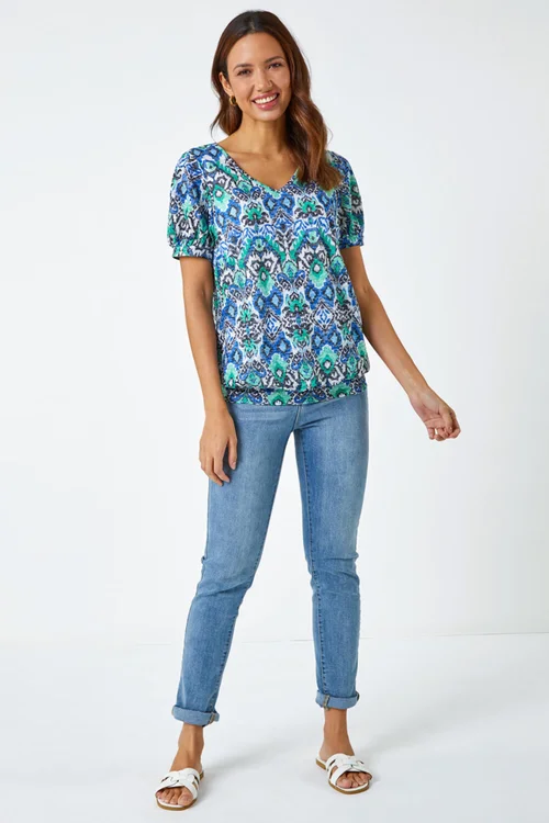 Roman Green Aztec Burnout Print V-Neck Blouson Hem Top - 6 Image 2