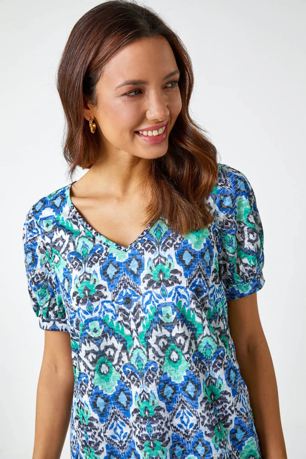 Roman Green Aztec Burnout Print V-Neck Blouson Hem Top - 6 Image 4
