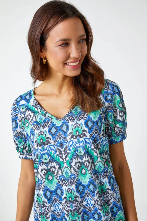 Roman Green Aztec Burnout Print V-Neck Blouson Hem Top - 6 Image 4