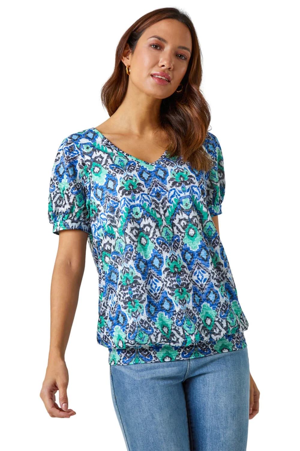 Roman Green Aztec Burnout Print V-Neck Blouson Hem Top - 6 Image 1