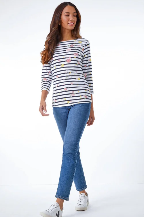 Roman Ivory Floral Print Stripe Top - 6 Image 3