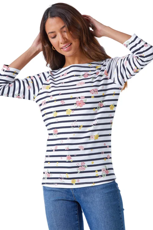 Roman Ivory Floral Print Stripe Top - 6 Image 1