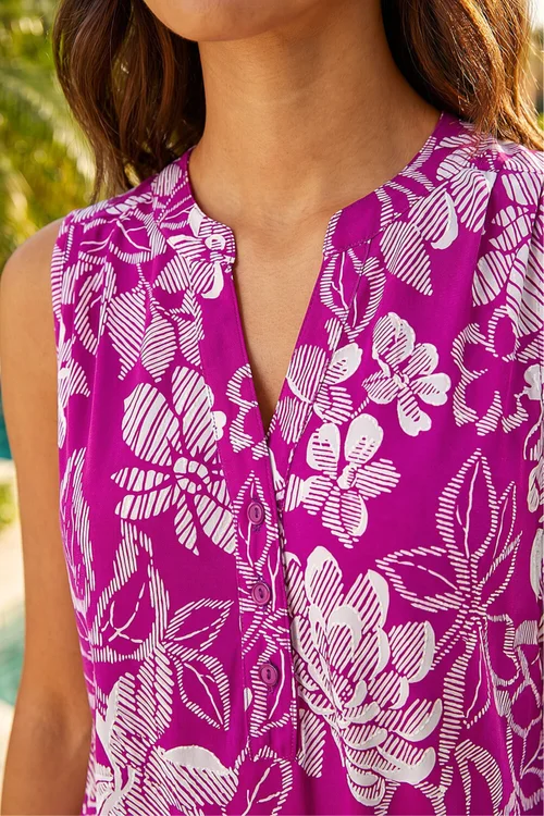 Roman Magenta Textured Floral Print Sleeveless Top - 6 Image 4