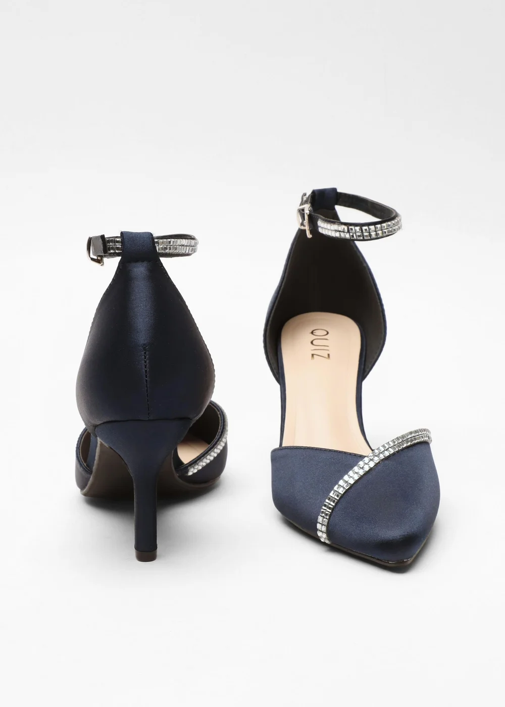 Quiz Navy Satin Diamante Trim Court Heels - 3 Image 4