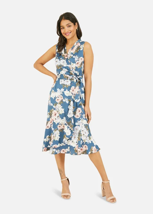 Mela Blue Floral Satin Wrap Midi Dress - 8 Image 1