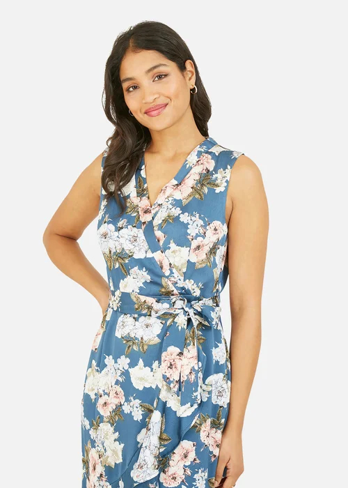 Mela Blue Floral Satin Wrap Midi Dress - 8 Image 3