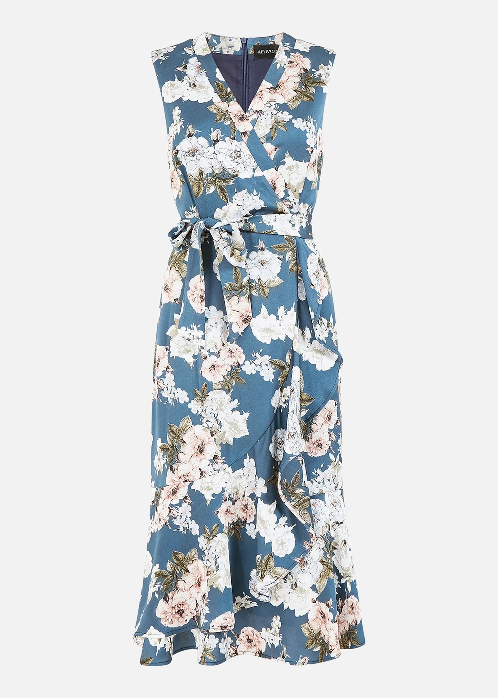 Mela Blue Floral Satin Wrap Midi Dress - 8 Image 4
