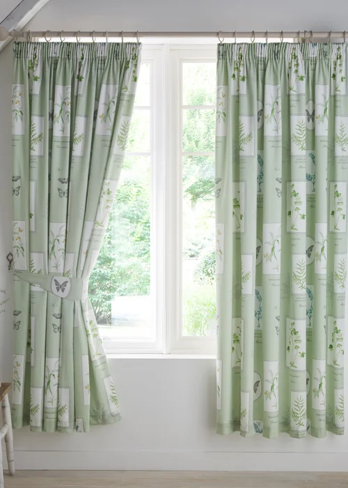 Dreams & Drapes Design Floral Garden Green Pencil Pleat Curtains With Tie-Backs - 66W X 72D (168x183cm) Image 1