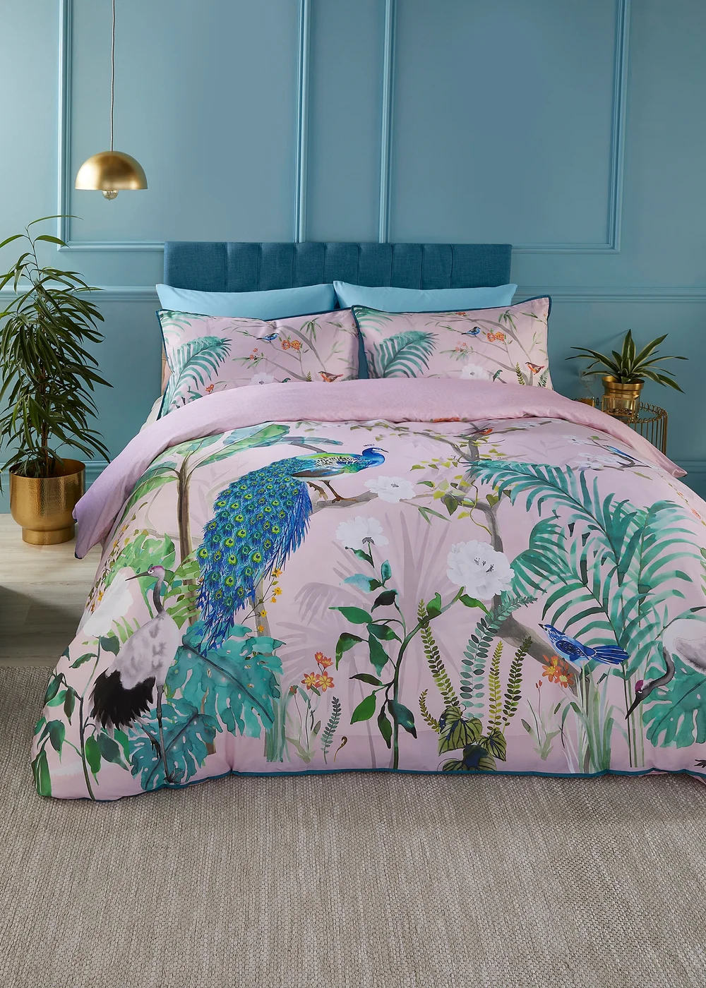 Soiree Peacock Jungle Sateen Pink Duvet Cover Set - Double Image 1