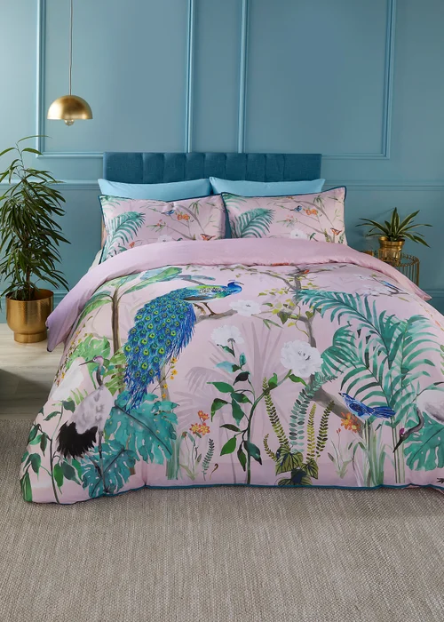 Soiree Peacock Jungle Sateen Pink Duvet Cover Set - Double Image 1