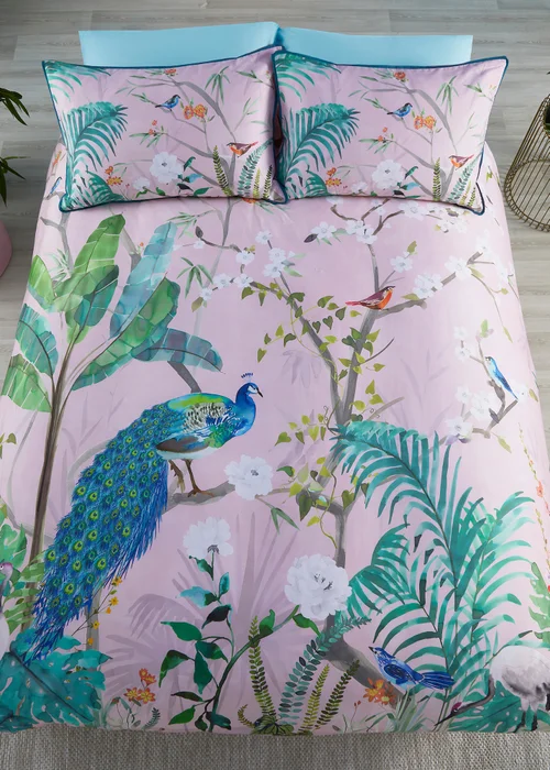 Soiree Peacock Jungle Sateen Pink Duvet Cover Set - Double Image 4