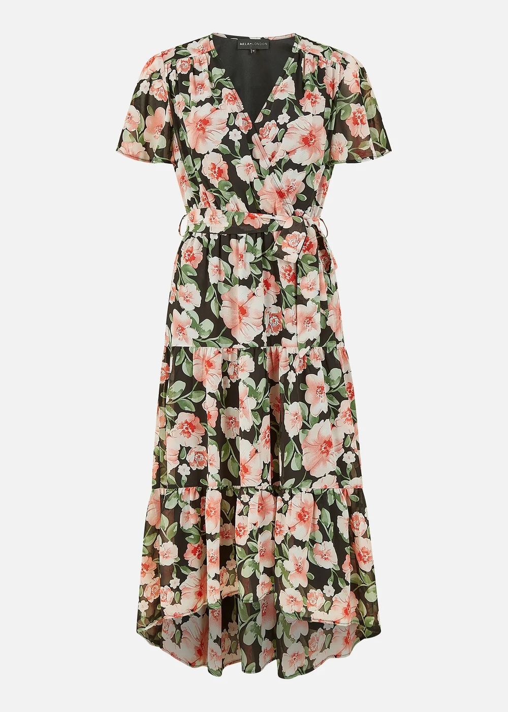 Mela Black Floral Wrap Dress With Tiered Dipped Hem - 8 Image 4