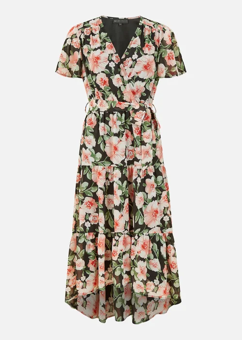 Mela Black Floral Wrap Dress With Tiered Dipped Hem - 8 Image 4