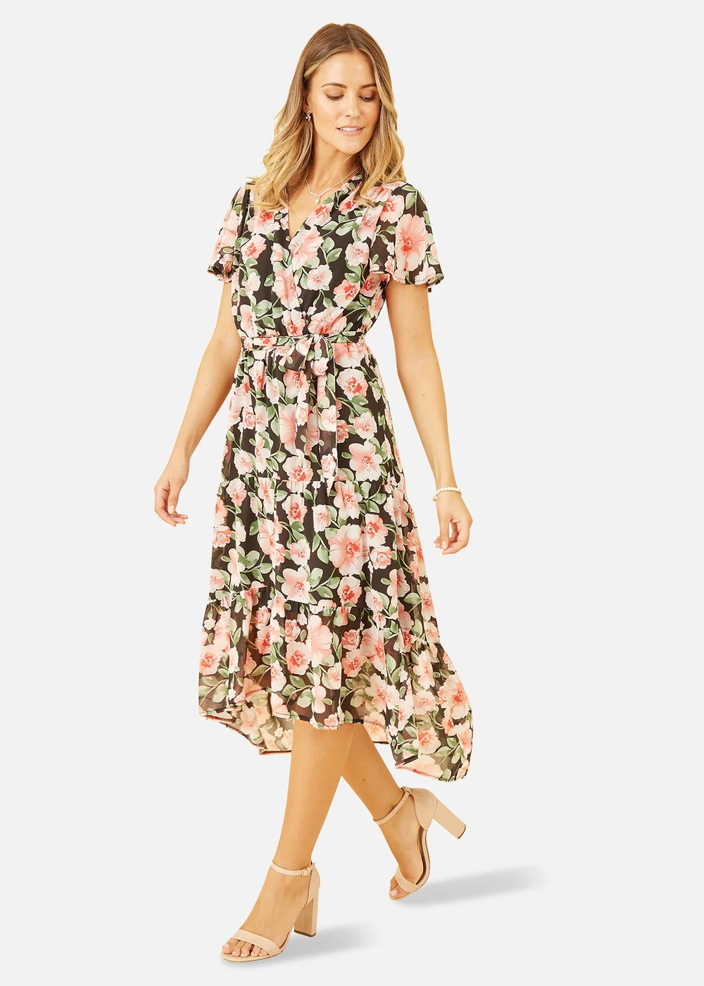 Mela Black Floral Wrap Dress With Tiered Dipped Hem - 8 Image 1