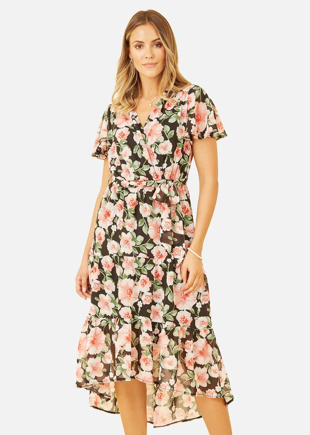 Mela Black Floral Wrap Dress With Tiered Dipped Hem - 8 Image 3