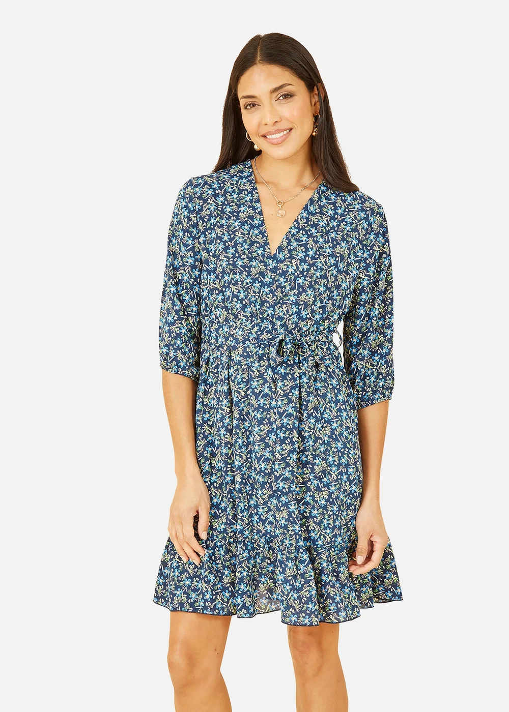 Mela Blue Ditsy Floral Wrap Skater Dress - 8 Image 3