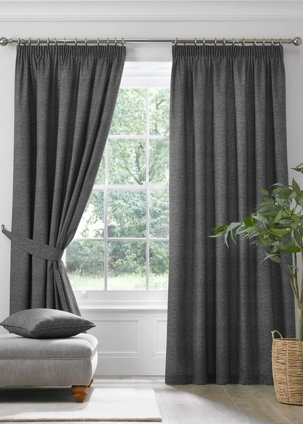Dreams & Drapes Pembrey Brushed Cotton Grey Pencil Pleat Curtains With Tie-Backs - 46W X 54D (117x137cm Image 1