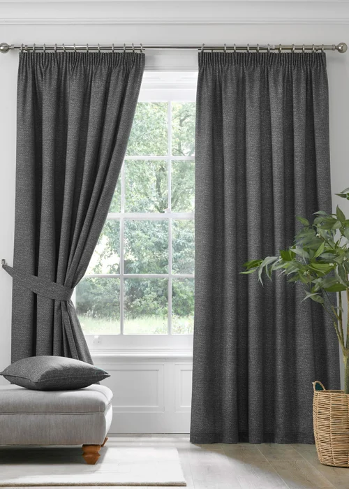 Dreams & Drapes Pembrey Brushed Cotton Grey Pencil Pleat Curtains With Tie-Backs - 46W X 54D (117x137cm Image 1