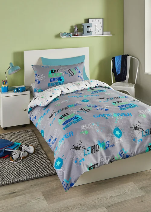 Bedlam Game Glow Reversible Grey Duvet Cover Set - Single Image 1