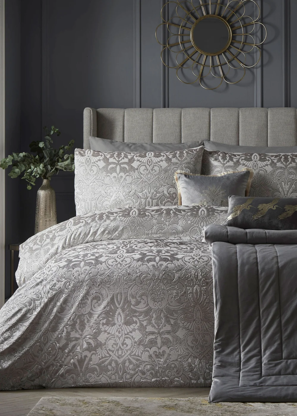 Laurence Llewelyn-Bowen Firenza Velvet Silver Duvet Cover Set - Double Image 1