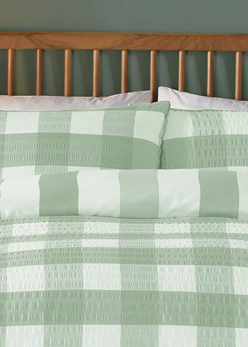 Fusion Seersucker Gingham Brushed Cotton Green Duvet Cover Set - Single Image 2