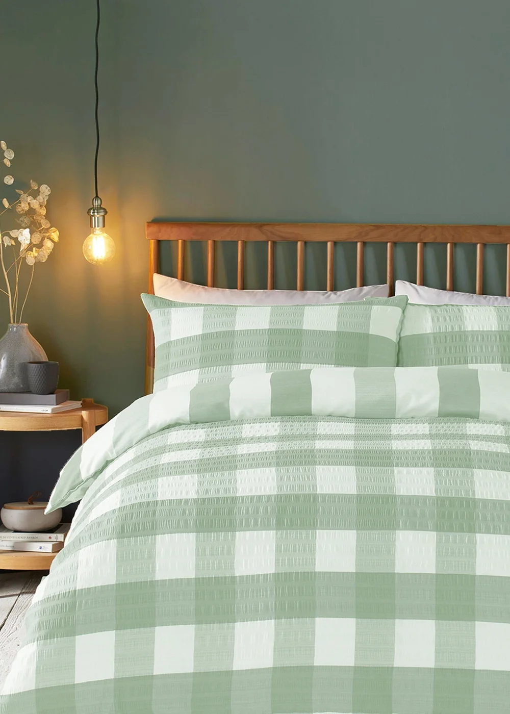 Fusion Seersucker Gingham Brushed Cotton Green Duvet Cover Set - Single Image 1