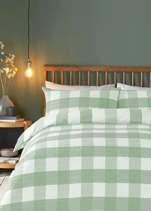 Fusion Seersucker Gingham Brushed Cotton Green Duvet Cover Set - Single Image 1