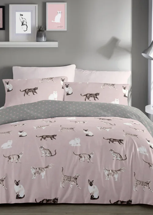 Fusion Cats Reversible Pink Duvet Cover Set - Single Image 1